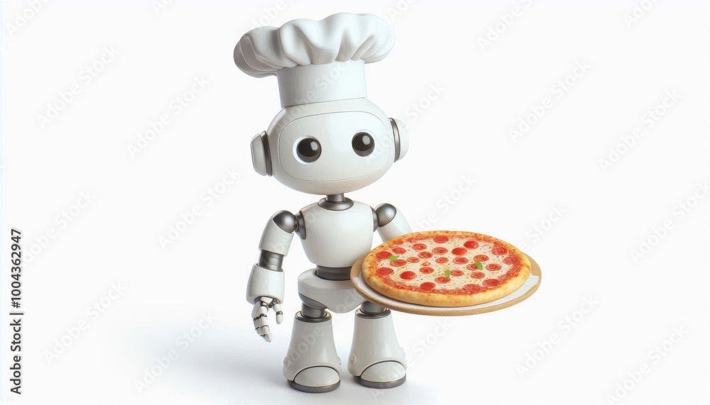 A charming white robot chef presents a pepperoni pizza on a wooden tray...Concept: AI in the kitchen, robotic food preparation, future of dining. A charming white robot chef presents a pepperoni pizza on a wooden tray...Concept: AI in the kitchen, robotic food preparation, future of dining.