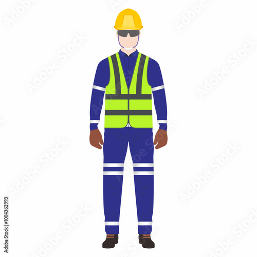 Front view of worker man model and sample with required site project personal protective equipment wear. Hardhat, reflective, vest, gloves, spectacles, and shoes.
