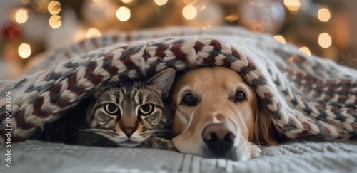 Cozy Cat and Dog Cuddling Under a Blanket With Holiday Lights in the Background