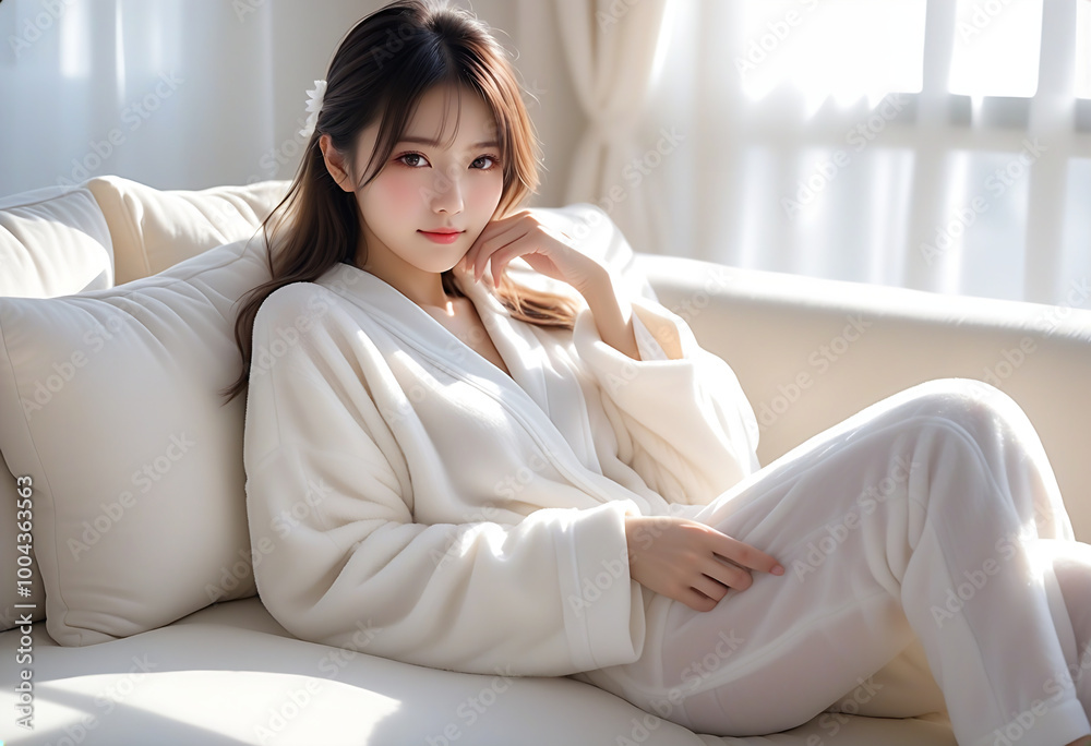 A beautiful woman relaxing on a white sofa in a living room with the morning sun shining in. Loungewear. Fluffy pajamas. Winter atmosphere.朝日の差し込むリビングルームの白色のソファでくつろぐ綺麗な女性。部屋着。モコモコのパジャマ。冬の雰囲気。 A beautiful woman relaxing on a white sofa in a living room with the morning sun shining in. Loungewear. Fluffy pajamas. Winter atmosphere.朝日の差し込むリビングルームの白色のソファでくつろぐ綺麗な女性。部屋着。モコモコのパジャマ。冬の雰囲気。