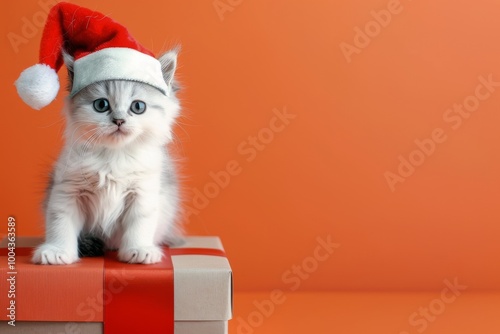Cute Kitten Wearing Santa Hat on Gift Box Against Orange Background