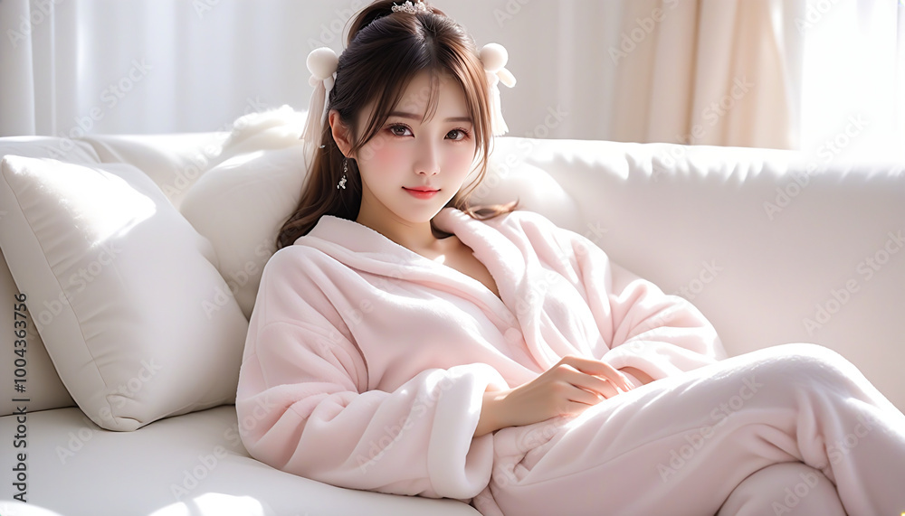 A beautiful woman relaxing on a white sofa in a living room with the morning sun shining in. Loungewear. Fluffy pajamas. Winter atmosphere.朝日の差し込むリビングルームの白色のソファでくつろぐ綺麗な女性。部屋着。モコモコのパジャマ。冬の雰囲気。 A beautiful woman relaxing on a white sofa in a living room with the morning sun shining in. Loungewear. Fluffy pajamas. Winter atmosphere.朝日の差し込むリビングルームの白色のソファでくつろぐ綺麗な女性。部屋着。モコモコのパジャマ。冬の雰囲気。