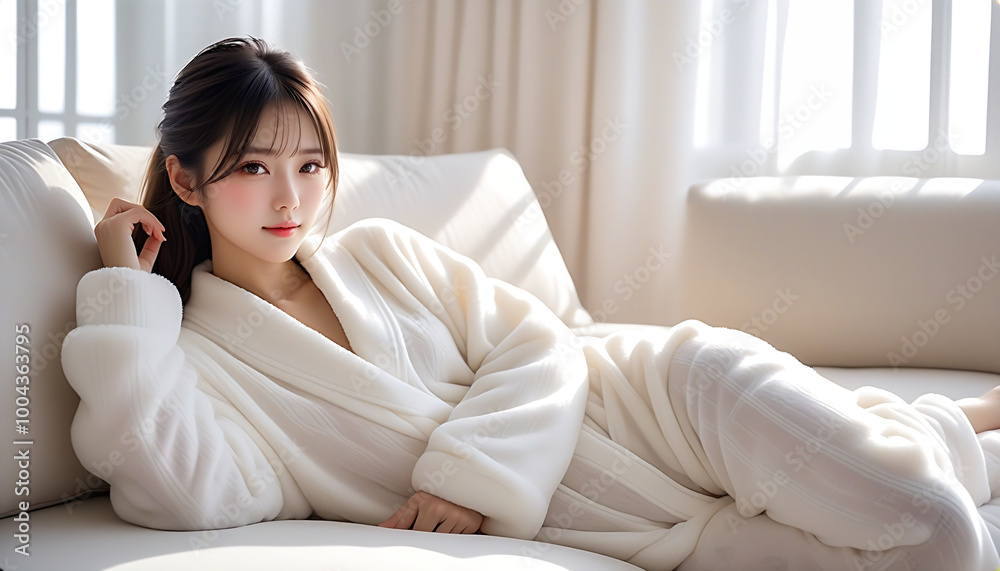 A beautiful woman relaxing on a white sofa in a living room with the morning sun shining in. Loungewear. Fluffy pajamas. Winter atmosphere.朝日の差し込むリビングルームの白色のソファでくつろぐ綺麗な女性。部屋着。モコモコのパジャマ。冬の雰囲気。 A beautiful woman relaxing on a white sofa in a living room with the morning sun shining in. Loungewear. Fluffy pajamas. Winter atmosphere.朝日の差し込むリビングルームの白色のソファでくつろぐ綺麗な女性。部屋着。モコモコのパジャマ。冬の雰囲気。