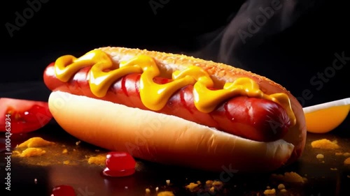 Hot dog with tomat and yellow mustard.