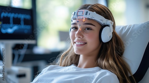 Woman with brain stimulation headset for therapy or treatment