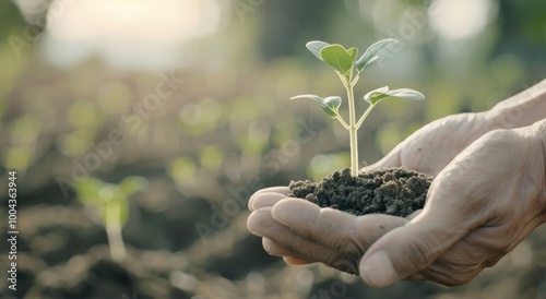 Hand Holding a Young Plant With Soil in a Lush Green Environment