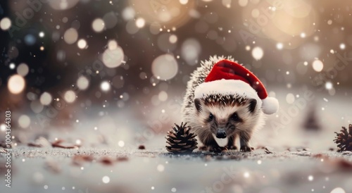 Cute Hedgehog Wearing Santa Hat in Snowy Forest With Pinecones During Winter