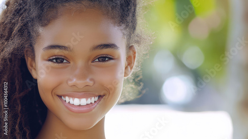 A cheerful girl with bright eyes and a natural smile, set against a sunlit, blurred background. Her expression exudes happiness and warmth in a serene outdoor setting.