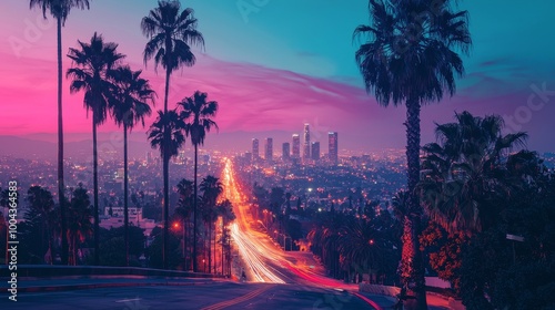 Vibrant sunset over the Los Angeles skyline with palm trees and city lights