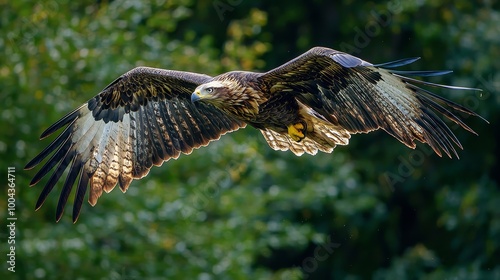 Majestic eagle soaring through the forest in a powerful nature scene photo