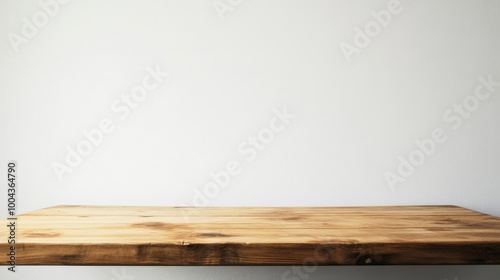 A wooden shelf sits against a white wall, with no items on it. The shelf is long and narrow, extending from the floor to the ceiling. The white wall behind the shelf is smooth and unadorned