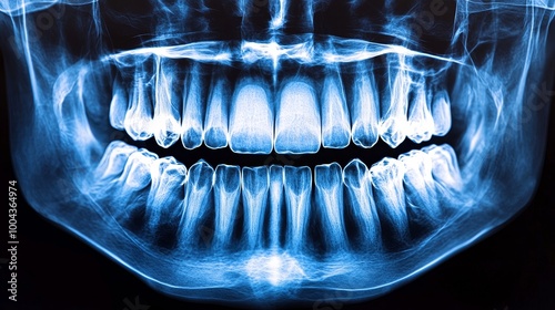 Detailed dental X-ray scan of teeth and jaw in a panoramic view photo