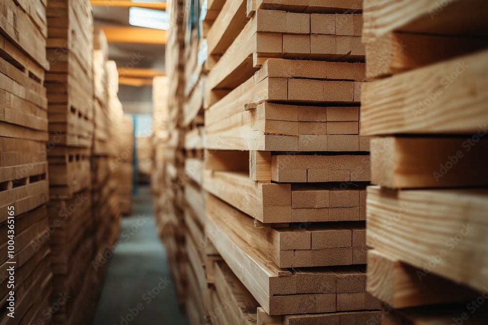 Obraz premium Stacks of smooth, uniform wood beams lined up in a narrow warehouse aisle, lit by soft light