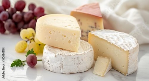Assorted Cheeses Display With Fresh Grapes On White Marble Surface