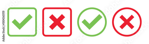 check mark icon button set. check box icon with right and wrong buttons and yes or no checkmark icons in green tick box and red cross