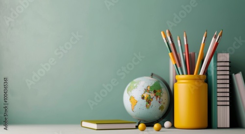 Colorful Office Supplies Next to a Globe on a Desk With a Green Background