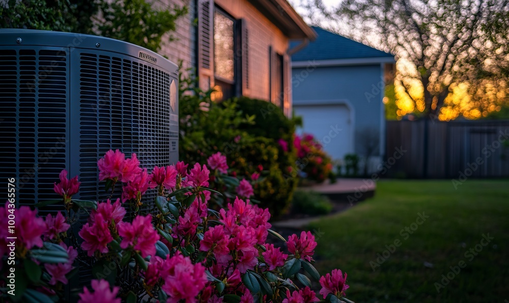 Outdoor Air Conditioning Unit Amidst Azalea Blooms, AI generated illustration Outdoor Air Conditioning Unit Amidst Azalea Blooms, AI generated illustration