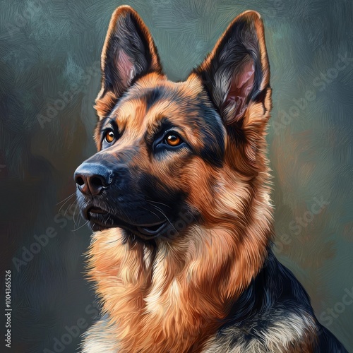 Portrait of a majestic German Shepherd dog with a detailed, realistic painting style photo