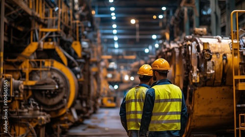 Workers in safety vests and helmets walking through a well-lit industrial warehouse with heavy machinery at dusk