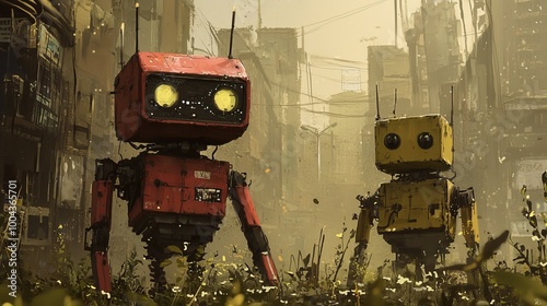 Two robots walking through an overgrown, abandoned city in a futuristic dystopia photo