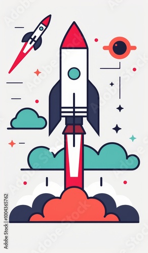 Colorful Rocket Launching Into Space With Planets And Stars
