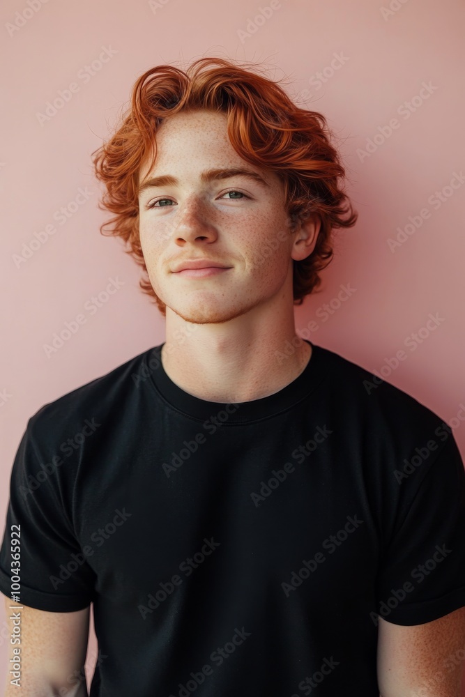 Young man with curly red hair looking up against a pink background Young man with curly red hair looking up against a pink background