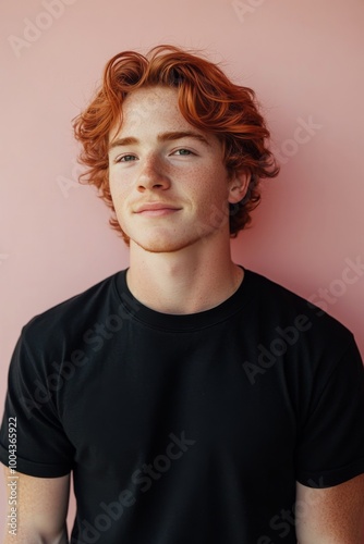 Young man with curly red hair looking up against a pink background