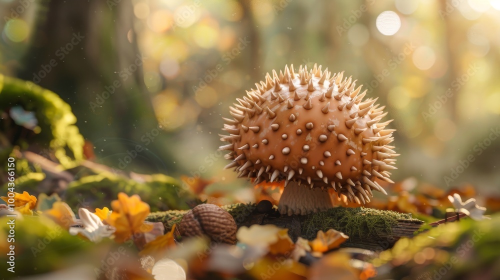 adorable little hedgehog mushroom growing in a moss-covered forest, surrounded by acorns and bathed in sunlight. This macro photograph captures its spines, dotted like tiny acorn seeds adorable little hedgehog mushroom growing in a moss-covered forest, surrounded by acorns and bathed in sunlight. This macro photograph captures its spines, dotted like tiny acorn seeds