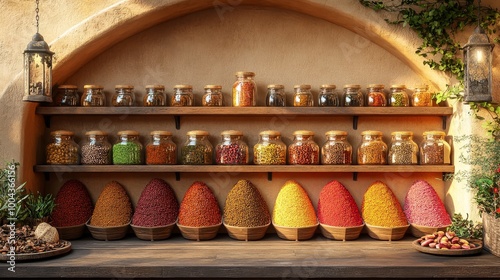 Vibrant assortment of spices in a rustic setting with jars and decorative shelves photo