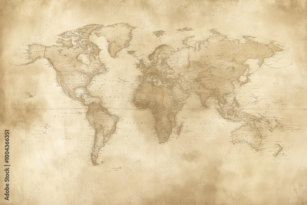 Fototapeta premium Vintage World Map – old parchment style with soft sepia tones and delicate map lines
