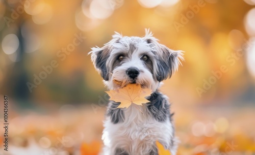 Happy Dog With Leaves in Mouth in Autumn Park