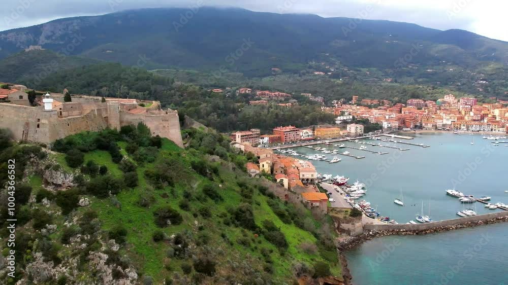 Italy , scenic places of Tuscany , beautiful coastal town Porto Ercole , Grosseto province. Panoramic aerial drone 4k hd video Italy , scenic places of Tuscany , beautiful coastal town Porto Ercole , Grosseto province. Panoramic aerial drone 4k hd video
