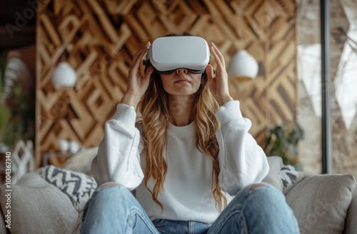 Woman engaging with virtual reality headset in a cozy living room during daytime