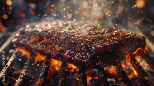 Juicy Steak Grilling Over Flames at Night