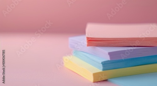 Colorful Stacked Sticky Notes on a Soft Purple Table With a Gradient Background