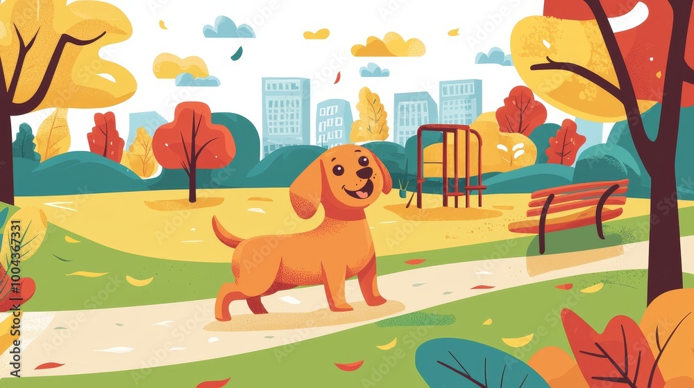 Obraz premium Happy dog walking in a vibrant autumn park scene illustration