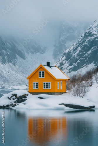 Bright orange cabin surrounded by snowy mountains and trees near frozen lake ...