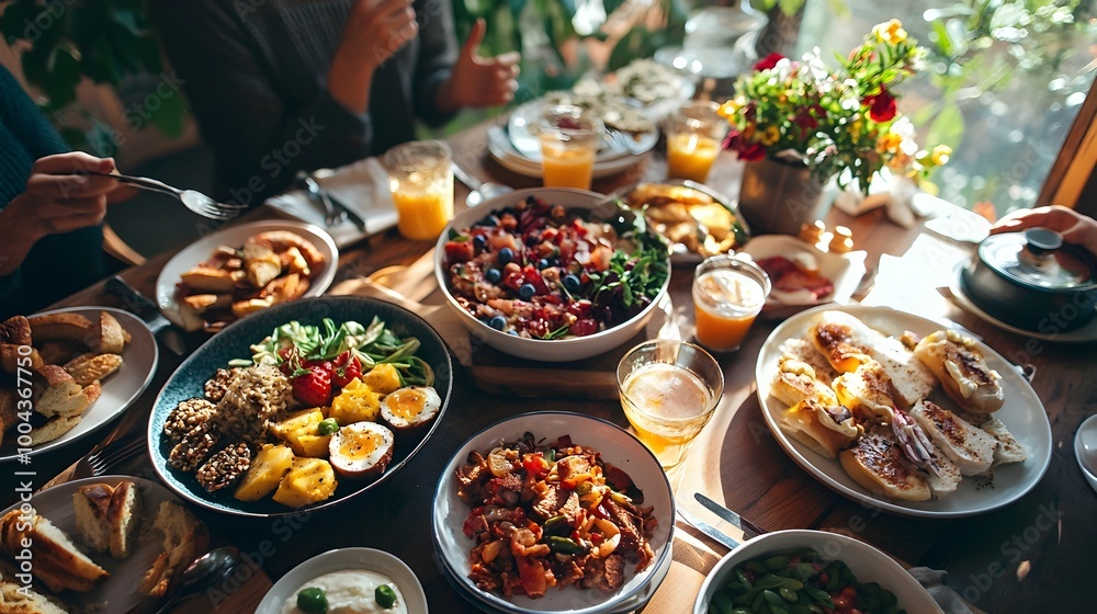 Obraz premium Friends Gathered for a Sunny Sunday Brunch,Filled with Food and Laughter