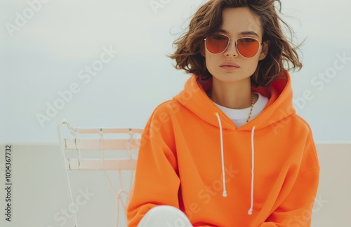 Woman in Orange Hoodie and Sunglasses Sitting on White Chair