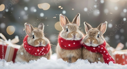 Winter Rabbits in Red Scarves Surrounded by Snow and Holiday Gifts