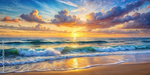 Soothing Waves Peaceful Beach at Dawn Watercolor Oil Painting Fusion