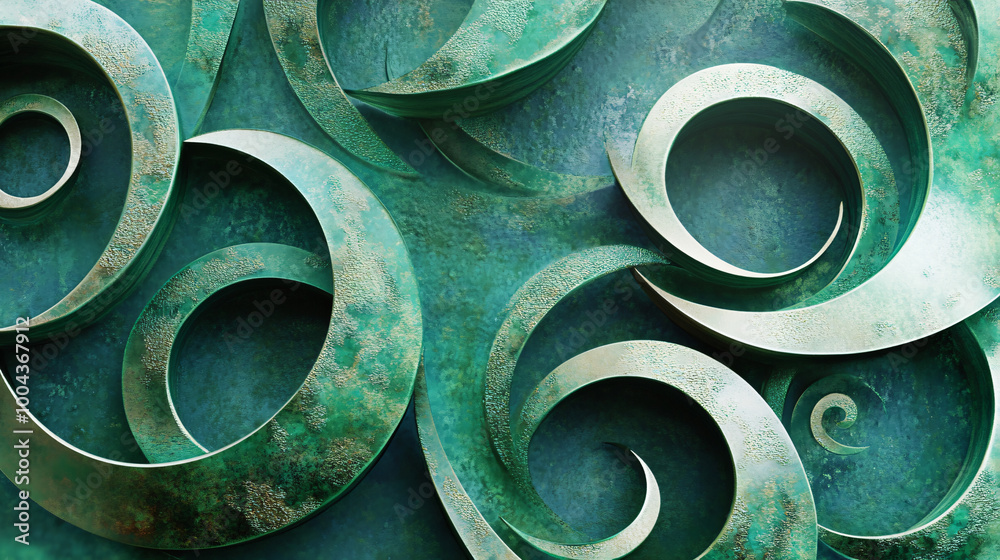 A set of overlapping green spirals with a metallic finish. A set of overlapping green spirals with a metallic finish.