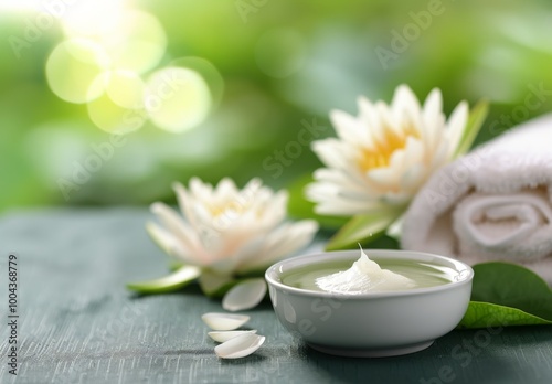 Relaxing Spa Setting With Cream, Towel, and Water Lily Under Soft Natural Light