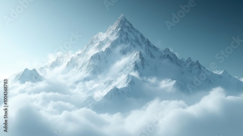 Majestic snow-capped mountain rising above soft clouds.