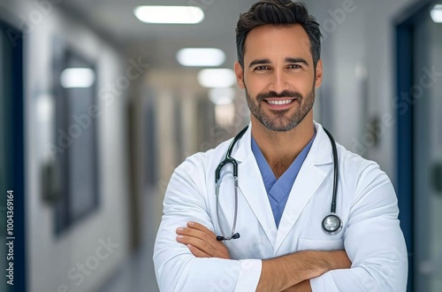 Young doctor smiling confidently in modern hospital corridor during the day