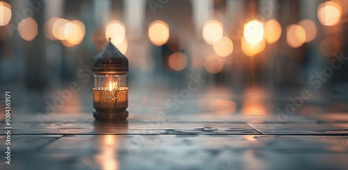 Glowing Lantern on Stone Floor in Dimly Lit Historical Building at Dusk