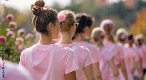 Women Walking Together in Pink Shirts Through a Flower Garden on a Bright Day