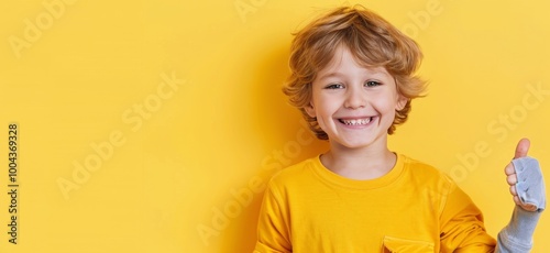 Happy Boy Giving Thumbs Up Against Bright Yellow Background