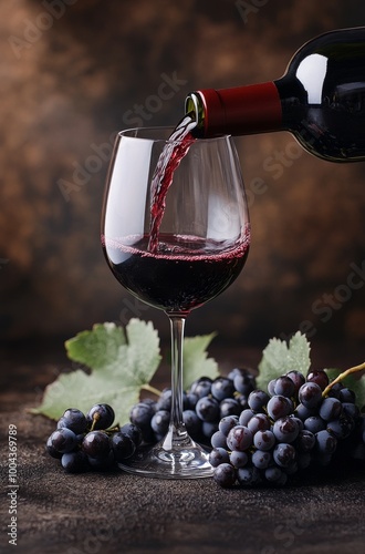 Pouring red wine into a glass with fresh grapes on a dark textured surface