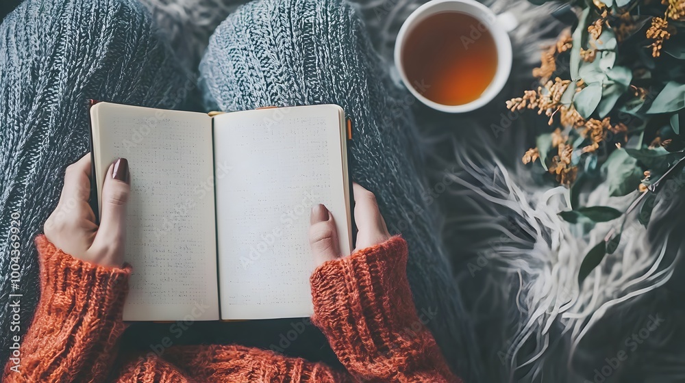 Obraz premium A Serene Sunday Spent Journaling with a Cup of Tea Nearby